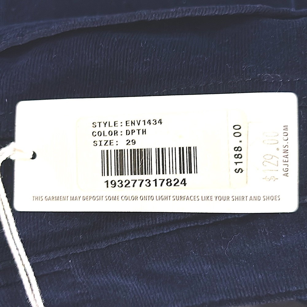 AG The Prima corduroy jeans made from soft, high-quality fabric.  Dark Navy. NWT